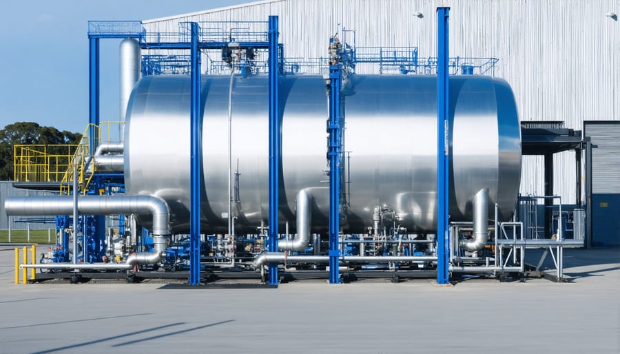 Large-scale metal hydride hydrogen storage system with visible tanks and monitoring equipment