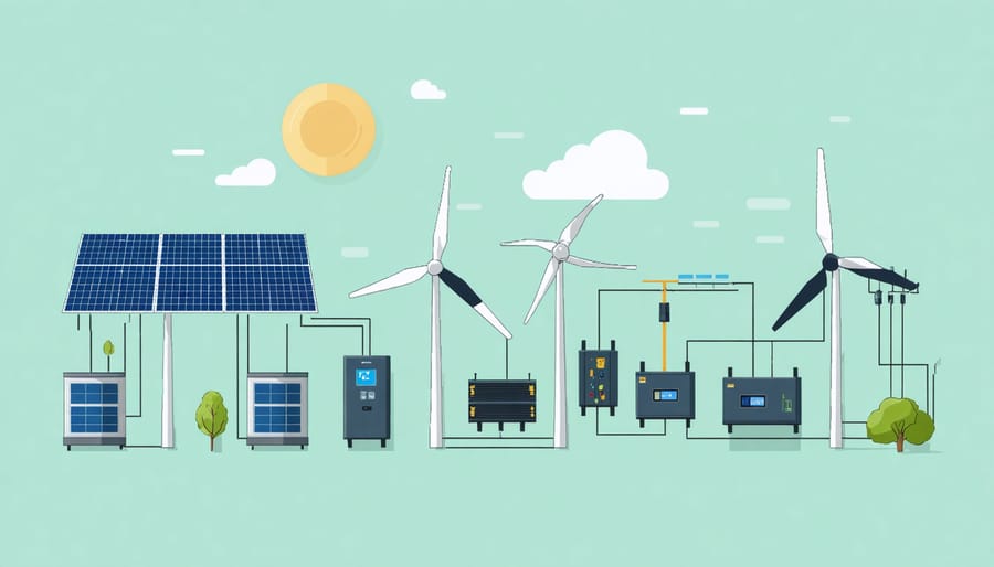 Infographic illustrating the main components and connections in a typical microgrid system