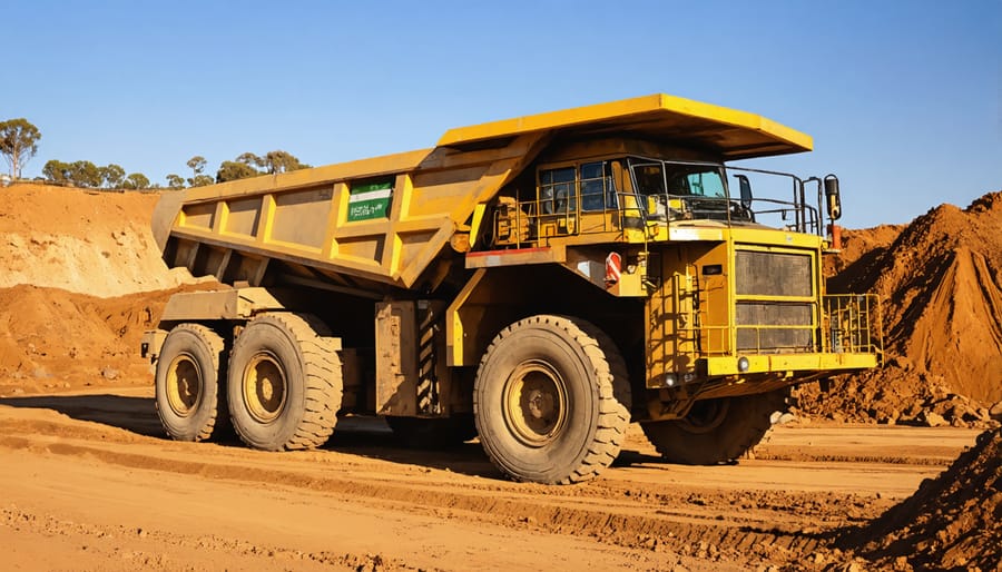 Heavy-duty mining haul truck at refueling station with biodiesel storage tanks in background