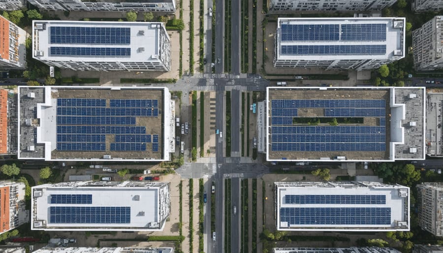 Bird's eye view of urban development with extensive solar panel installations