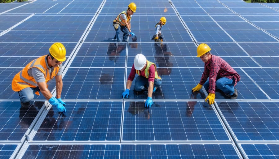 A diverse group of community members collaborating to install solar panels under a clear blue sky, symbolizing cooperative efforts in renewable energy projects.