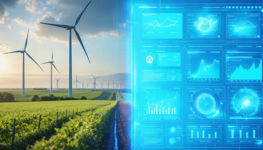 Comparison of physical wind farm and its digital twin model with real-time performance metrics
