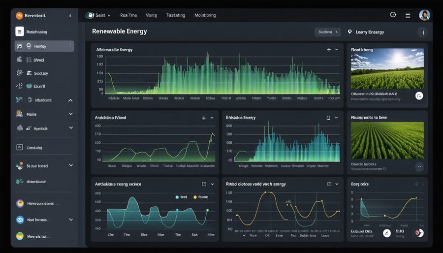 Digital dashboard displaying renewable energy performance metrics, graphs, and real-time monitoring data