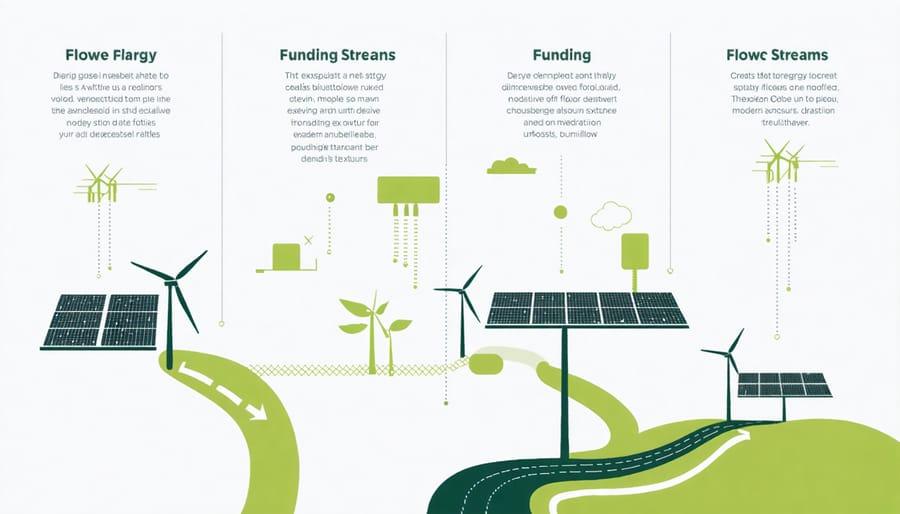Visual diagram of community financing models including crowdfunding, co-operatives, and government partnerships