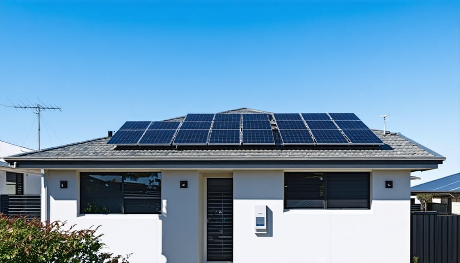 Solar panels being installed on a residential rooftop with smart energy monitoring system visible