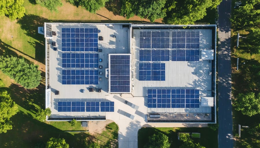 Bird's eye view of an integrated community resilience hub with renewable energy infrastructure