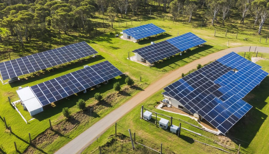 Bird's eye view of a rural town showing integrated renewable energy infrastructure