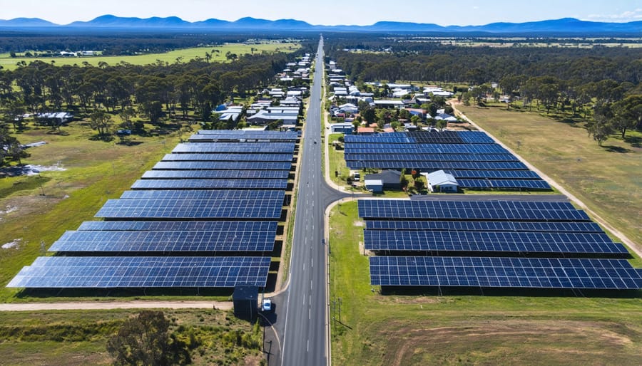 Bird's eye view of rural community showing solar arrays and wind turbines