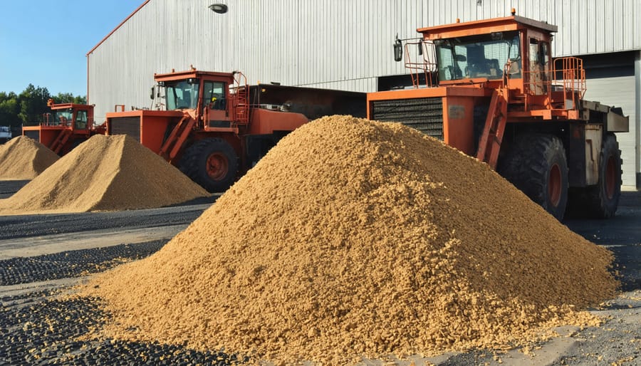 Sawmill waste products including sawdust and wood chips being processed for biomass energy