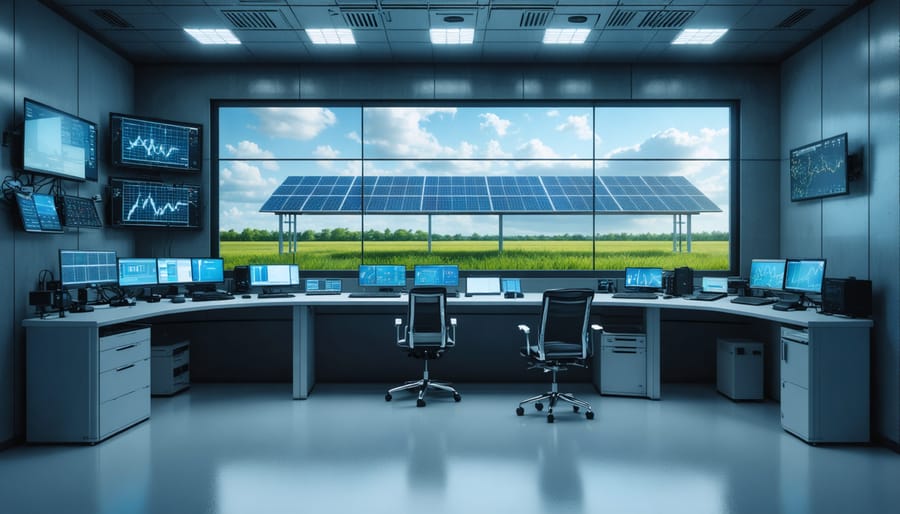 Engineers monitoring renewable energy grid systems in a high-tech control center