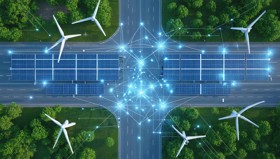 Digital visualization of an integrated smart grid system showing renewable energy sources connected through digital networks