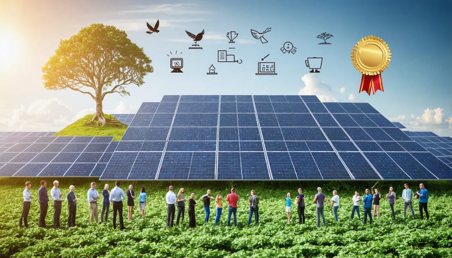 An illustration of a community gathering next to solar panels, highlighting the successful impact of incentive-based environmental initiatives in Australia, with a backdrop of natural landscapes symbolizing sustainable progress.