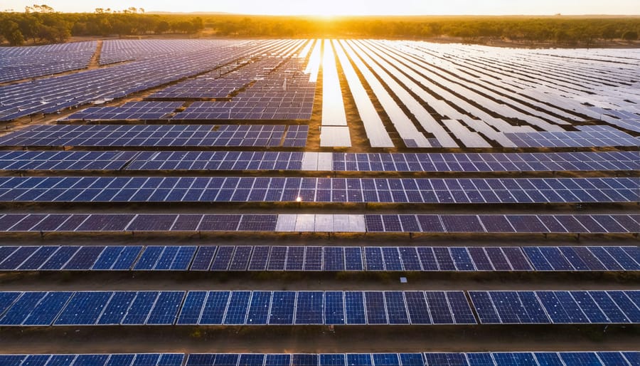 Aerial view of a large Australian solar farm with financial graphs overlayed, representing the economic influence of solar energy.