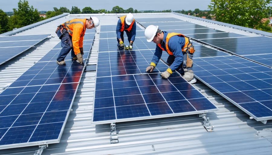 Professional solar technicians installing panels on residential roof
