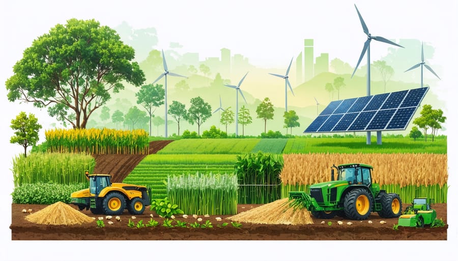 Illustration of a thriving biomass farm with healthy biomass crops and sustainable harvesting practices, including fields of mallee eucalyptus and advanced harvesting equipment, symbolizing renewable energy production.