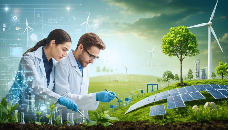 Experienced mentor and young mentee working together on sustainability projects in a lab and a renewable energy site, symbolizing innovation and collaboration in sustainability research.