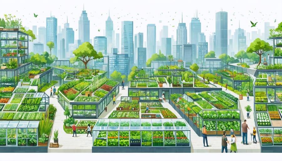 A panoramic view showing a blend of modern city buildings integrated with urban agriculture, including rooftop gardens and community plots, depicting the transformation into sustainable food gardens in Australian cities.
