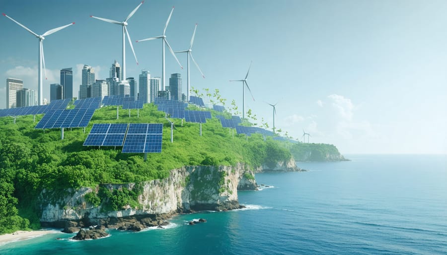 Illustration of a futuristic Australian city with skyscrapers adorned with solar panels, coastal wind turbines, and green urban spaces representing the integration of renewable energy into urban planning.