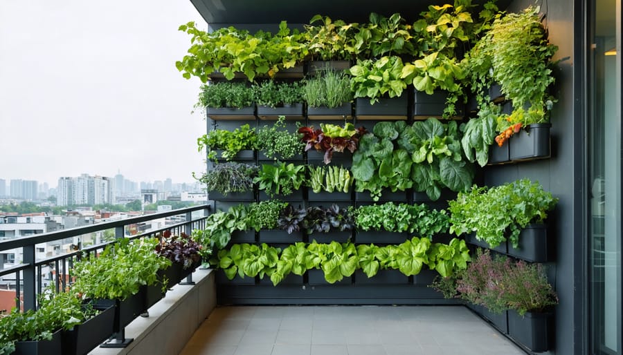 A vibrant vertical garden on an urban apartment balcony, featuring various vegetables and herbs growing in wall-mounted planters with a cityscape in the background.