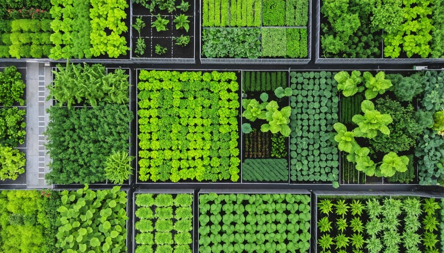 Bird's eye view of a modern Australian city building with productive rooftop garden and greenhouse structures
