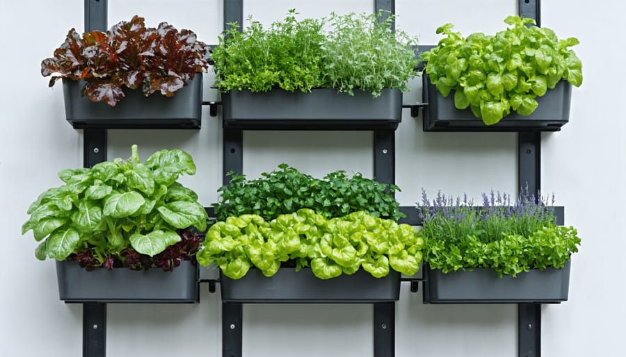 Thriving vertical garden system with leafy greens and herbs growing on an apartment balcony