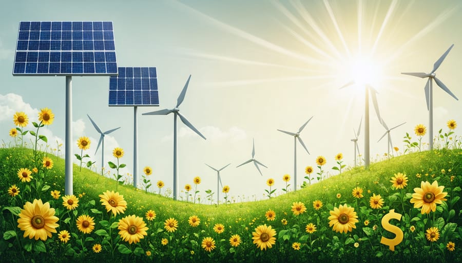 Conceptual illustration of solar panels and wind turbines emerging from currency symbols, symbolizing the growth of renewable energy through U.S. subsidies.