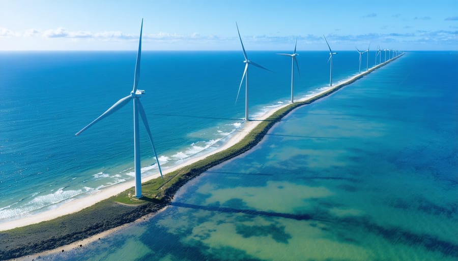 Panoramic view of wind turbines spread across the coastal landscape of Western Australia