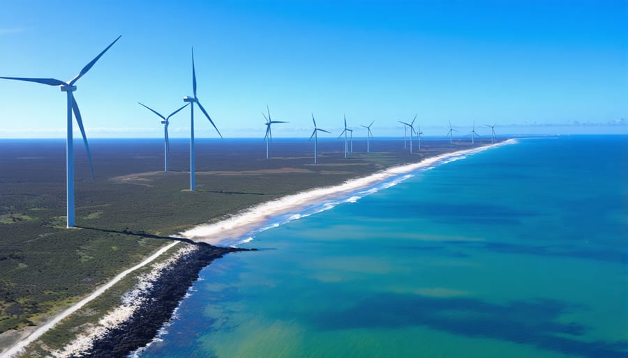 Aerial view of industrial wind turbines spread across the coastal landscape of Western Australia, highlighting their role in renewable energy generation and environmental transformation.