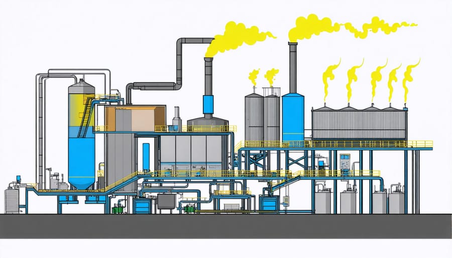 Technical illustration showing waste moving through an incineration plant, from intake to energy generation
