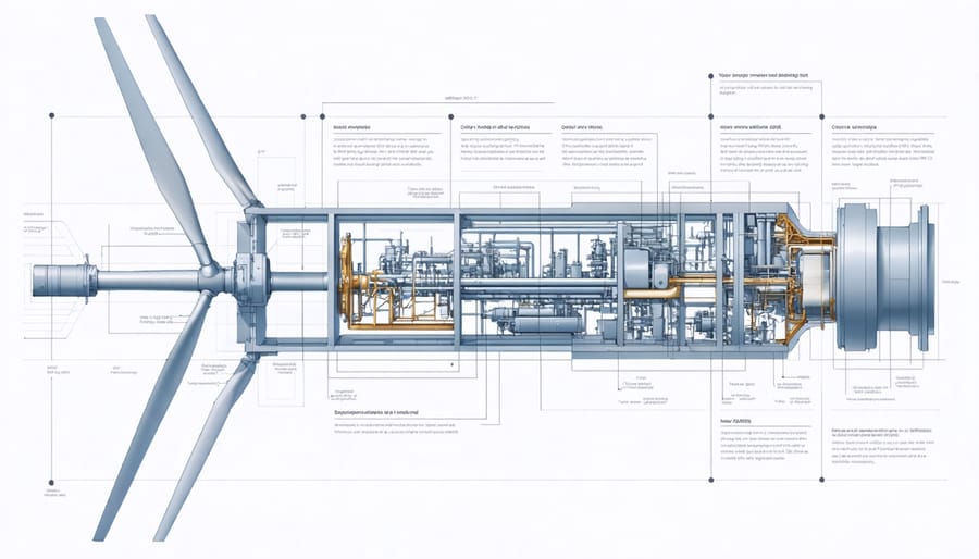 Cross-section illustration of wind turbine components including nacelle, generator, and blade technology