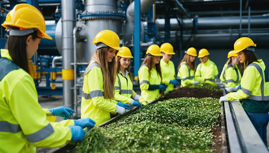 Young professionals in Australia collaborating at a modern bioenergy facility, demonstrating the integration of agricultural practices with advanced renewable energy technologies.