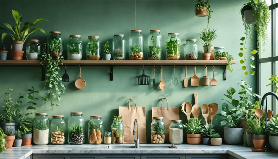 A thoughtfully designed home interior representing a zero-waste lifestyle, featuring a kitchen with glass jars, cloth bags, and wooden utensils, alongside natural elements like plants and abundant natural light.