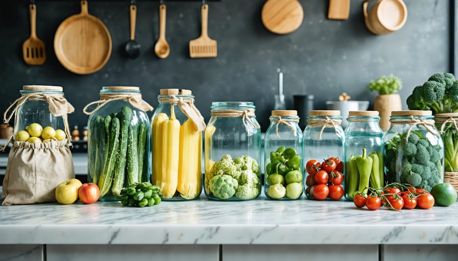 Organized zero-waste kitchen storage system with glass containers and reusable bags