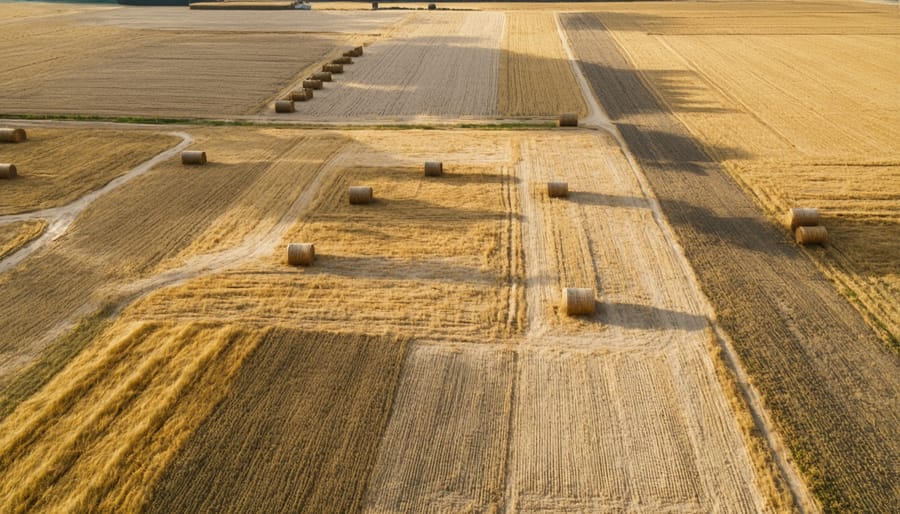 Aerial view of harvested Australian wheat fields with scattered straw bales and crop residue