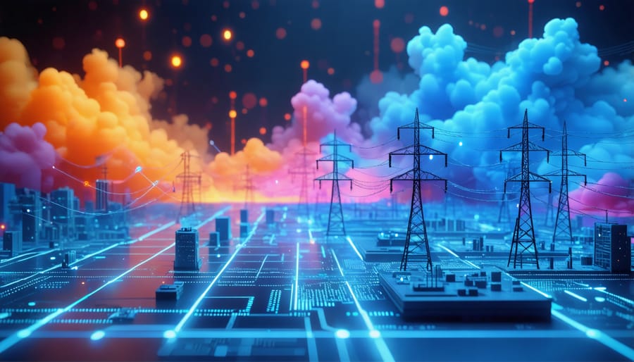 Visual representation of artificial intelligence analyzing smart grid data streams and making operational decisions