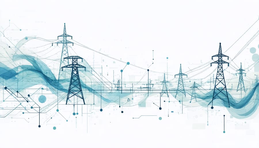 3D visualization of power grid optimization showing AI processing real-time energy data
