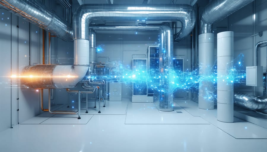 Digital representation of smart HVAC system with AI-controlled temperature zones in a commercial building
