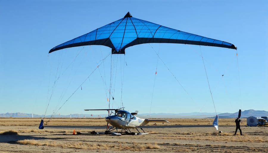 Airborne wind energy kite system capturing high-altitude winds against blue sky
