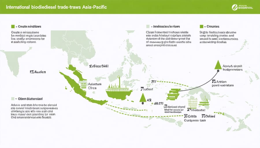 Data visualization map showing biodiesel trade relationships in the Asia-Pacific region