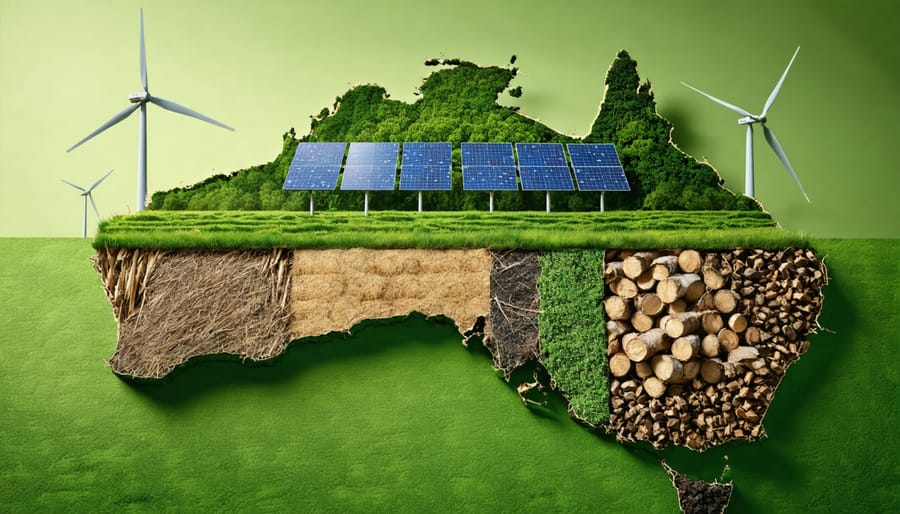 A composite image showcasing Australia's agricultural fields, forests, and urban landscapes, interwoven with renewable energy symbols, highlighting the potential of biomass resources for sustainable energy production.