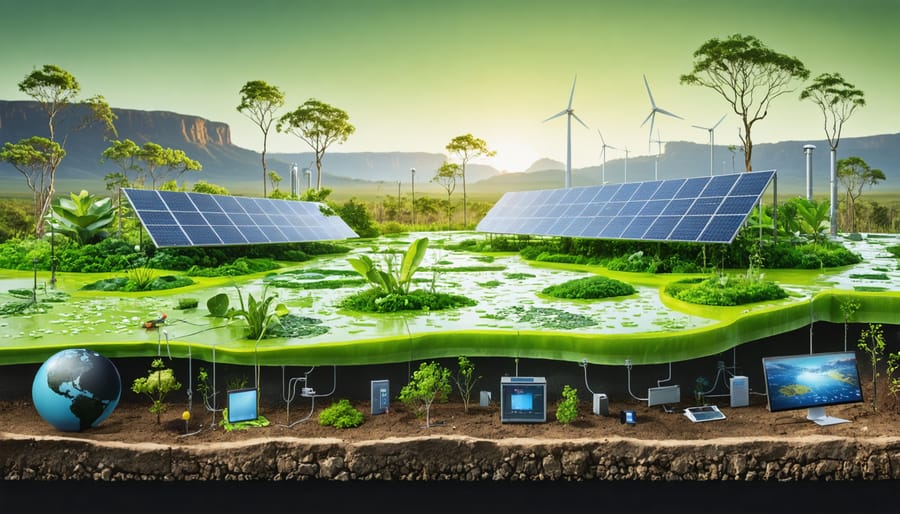 Conceptual illustration of Australia's carbon capture technologies, combining solar panels, algae systems, and direct air capture units against the Australian landscape, representing the synergy between technology and environmental conservation.
