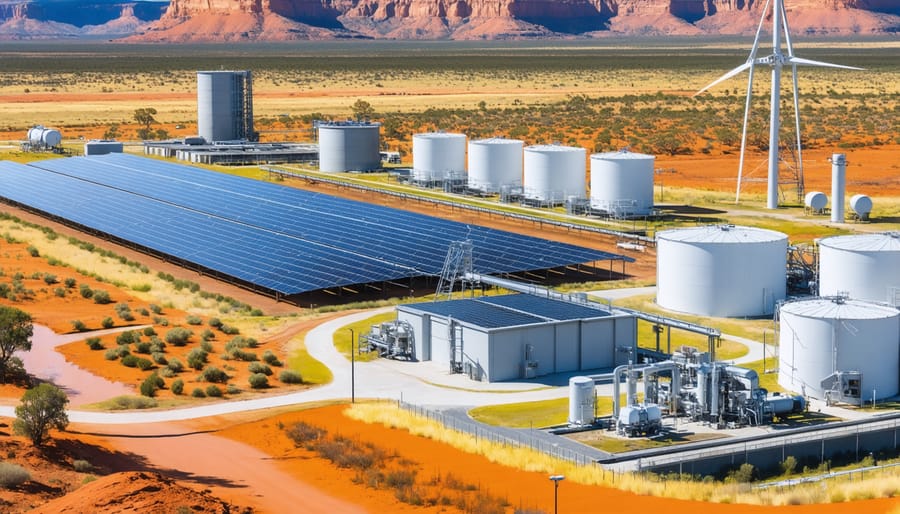 Illustration depicting a blend of different energy storage solutions in Australia, including pumped hydro, solar thermal with molten salt tanks, and hydrogen storage systems set against the Australian outback.