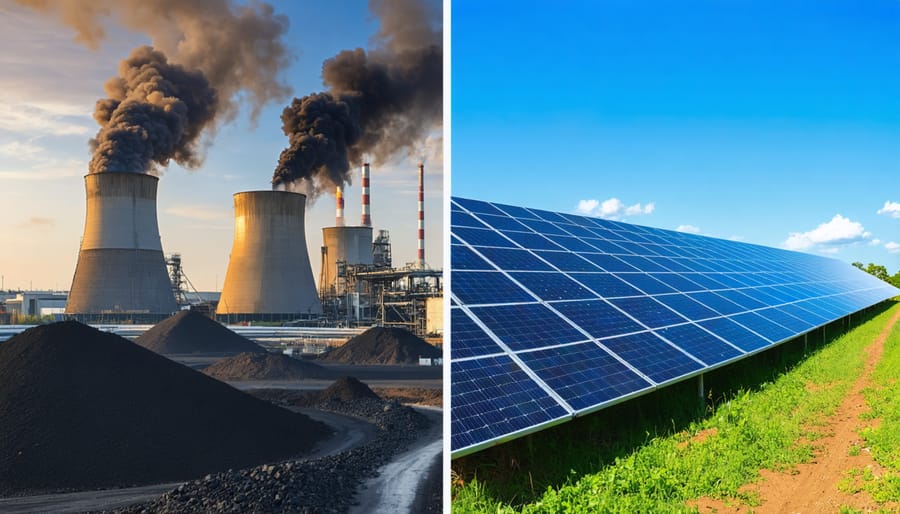 A dramatic comparison between a coal power plant emitting dark smoke and a bright solar farm under a blue sky, illustrating the fossil fuel vs. renewable energy subsidy disparity in Australia.