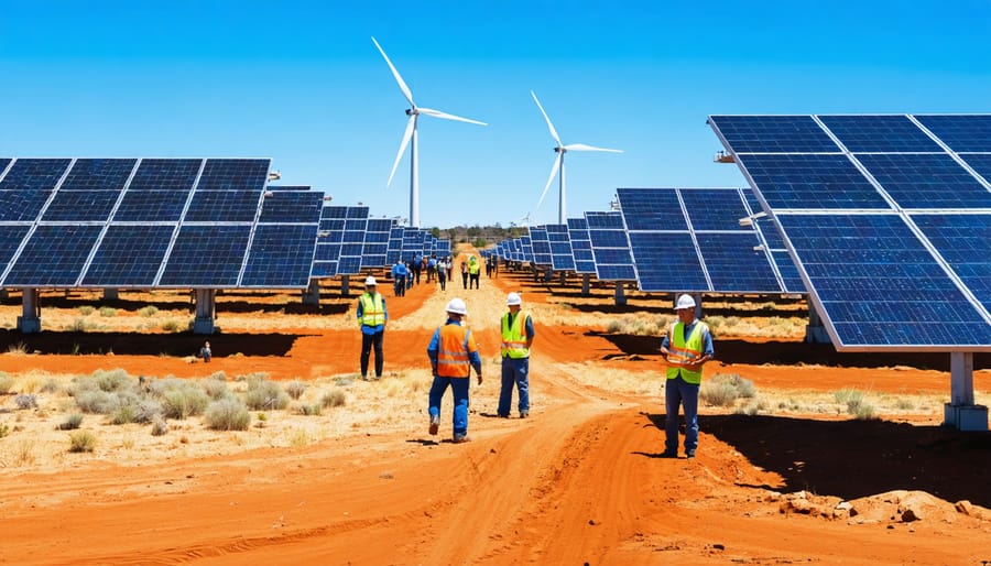 Panoramic view of Australia's renewable energy landscape with solar panels, wind turbines, and bioenergy facilities. Diverse individuals collaborate, representing collective efforts for a sustainable future.