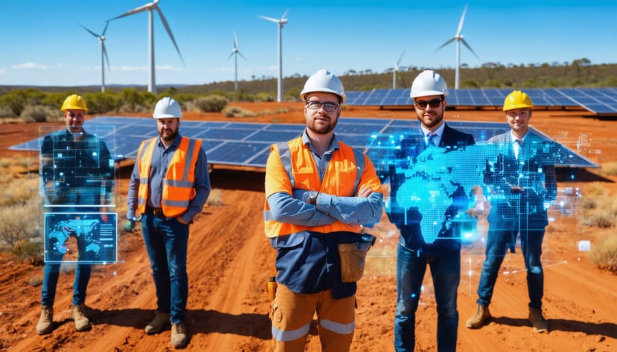A diverse team of energy professionals installing solar panels and managing wind turbines, using digital tools and interfaces, set against the backdrop of Australia's outback and coastline.