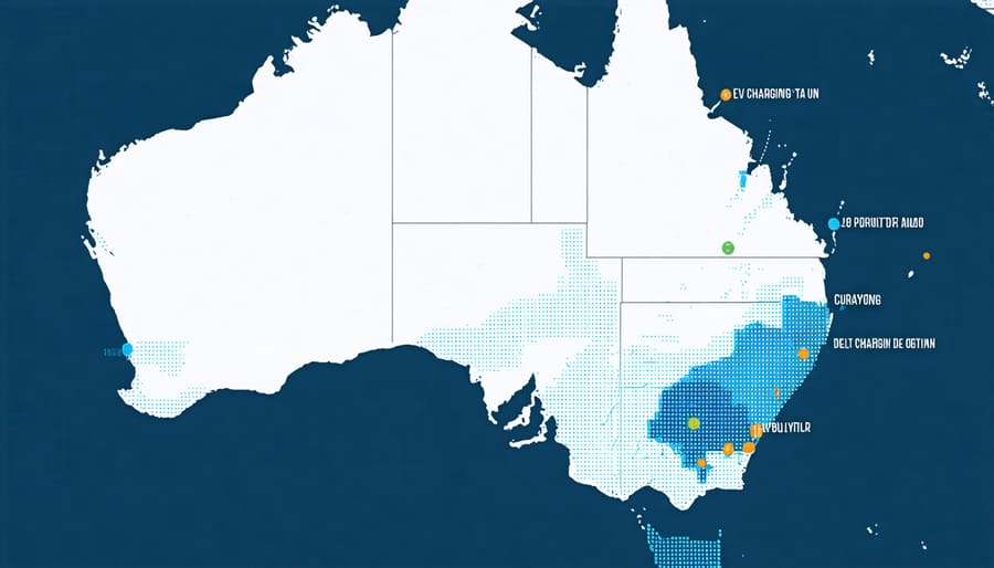 Interactive map of Australia highlighting EV charging station locations in urban areas