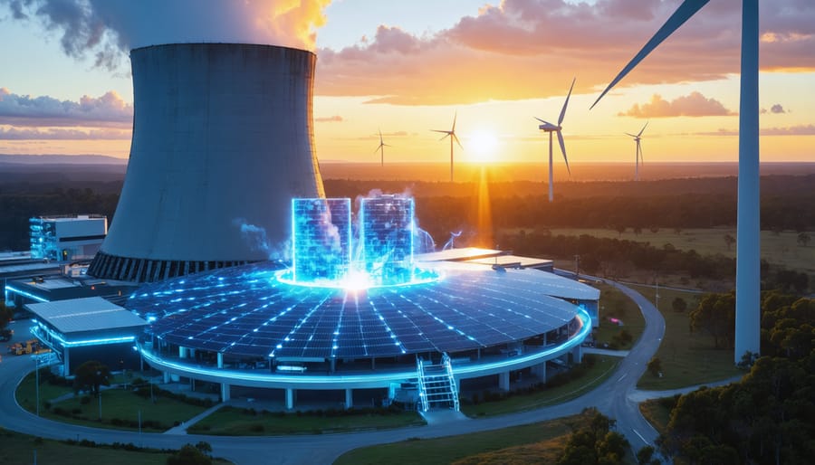 Futuristic depiction of Australia's energy integration with a glowing fusion reactor alongside solar panels and wind turbines against a sunset backdrop.