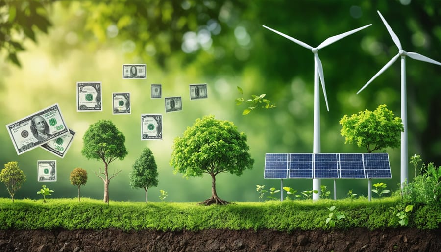 Conceptual image depicting the integration of financial investments with environmental sustainability in Australian sustainability-linked bonds, featuring a blend of financial symbols and natural elements.