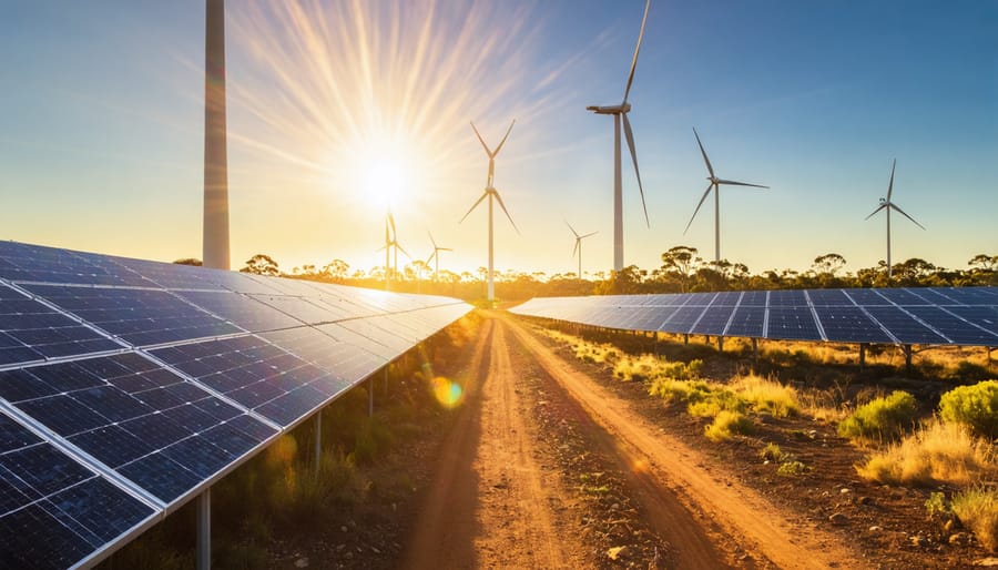 Expansive view of Australian landscape with solar farms and wind turbines, symbolizing the country's renewable energy transformation.