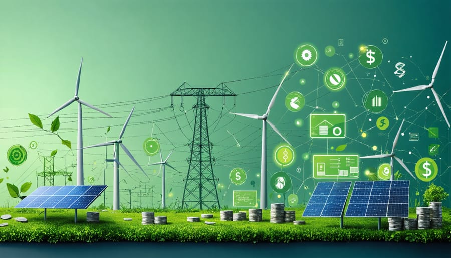 Conceptual illustration of interconnected power lines overlaid on a renewable energy landscape with solar panels, wind turbines, and financial symbols, representing Australia's energy alliances in renewable finance.